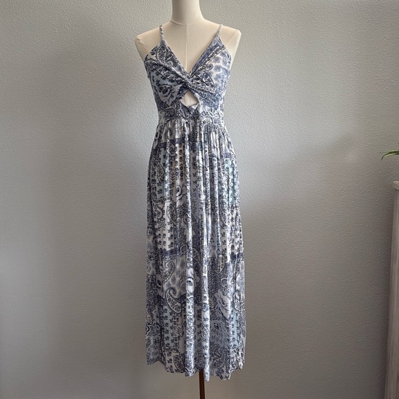 Angie Blue and White Paisley Floral Maxi Dress - Picture 1 of 10